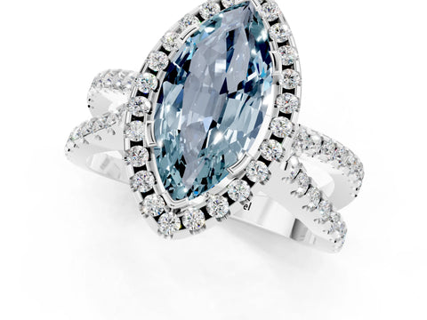 White gold Marquise Cut Aquamarine Halo Ring with Split Shank Pavé Band and Prong Setting_1