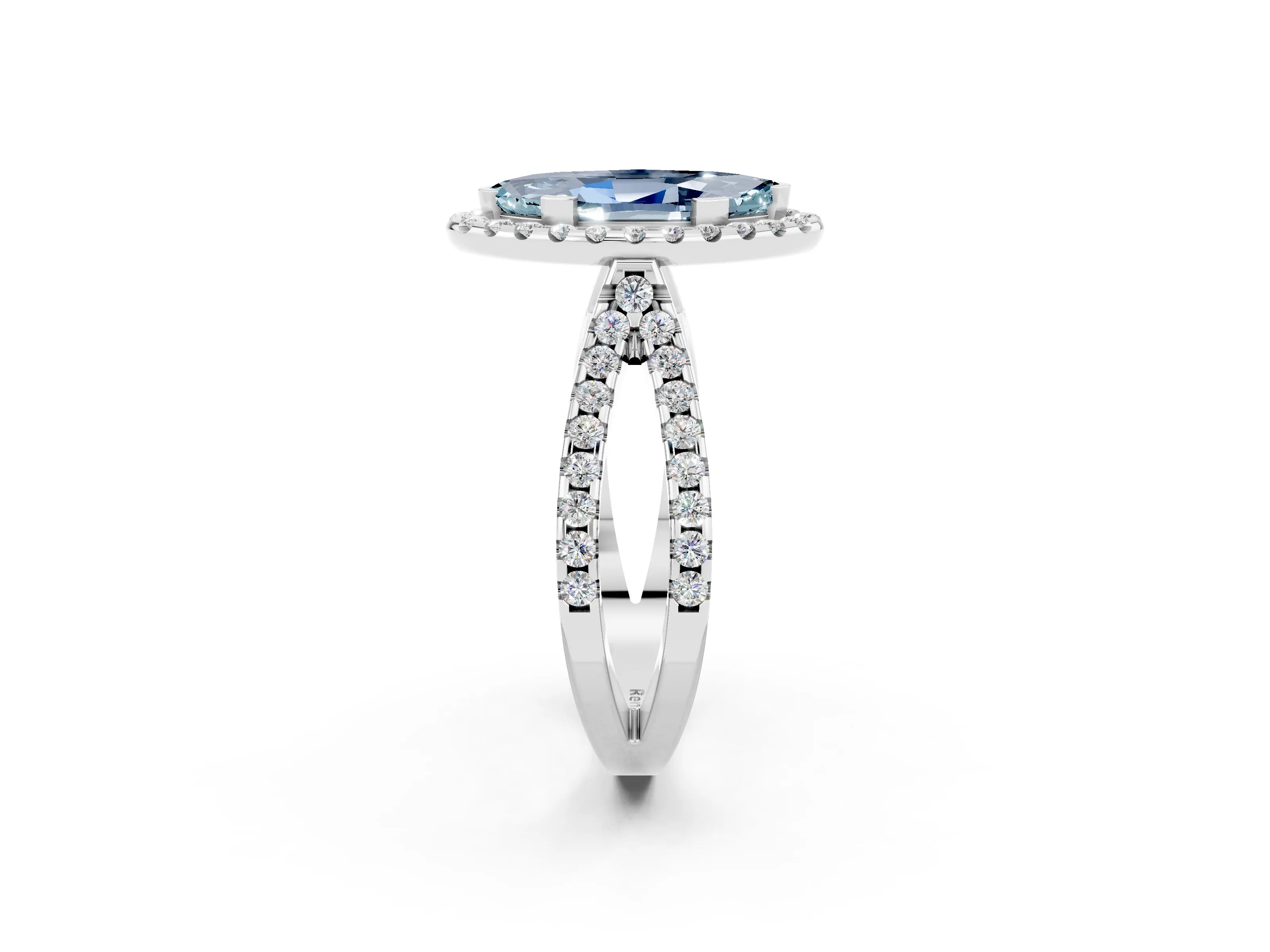 White gold Marquise Cut Aquamarine Halo Ring with Split Shank Pavé Band and Prong Setting_2