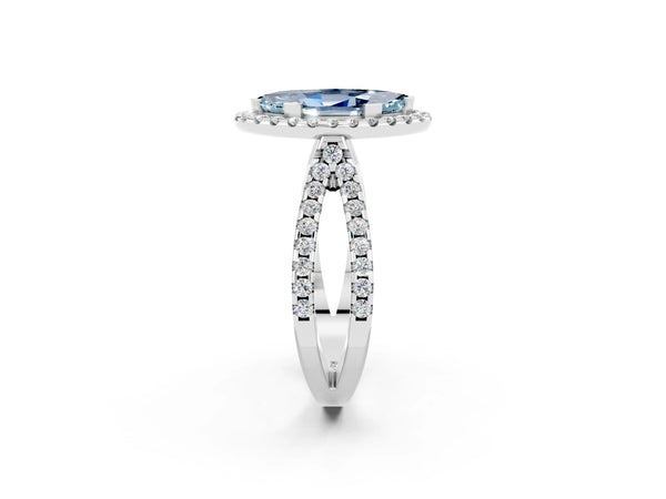 White gold Marquise Cut Aquamarine Halo Ring with Split Shank Pavé Band and Prong Setting