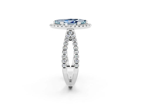 White gold Marquise Cut Aquamarine Halo Ring with Split Shank Pavé Band and Prong Setting_2