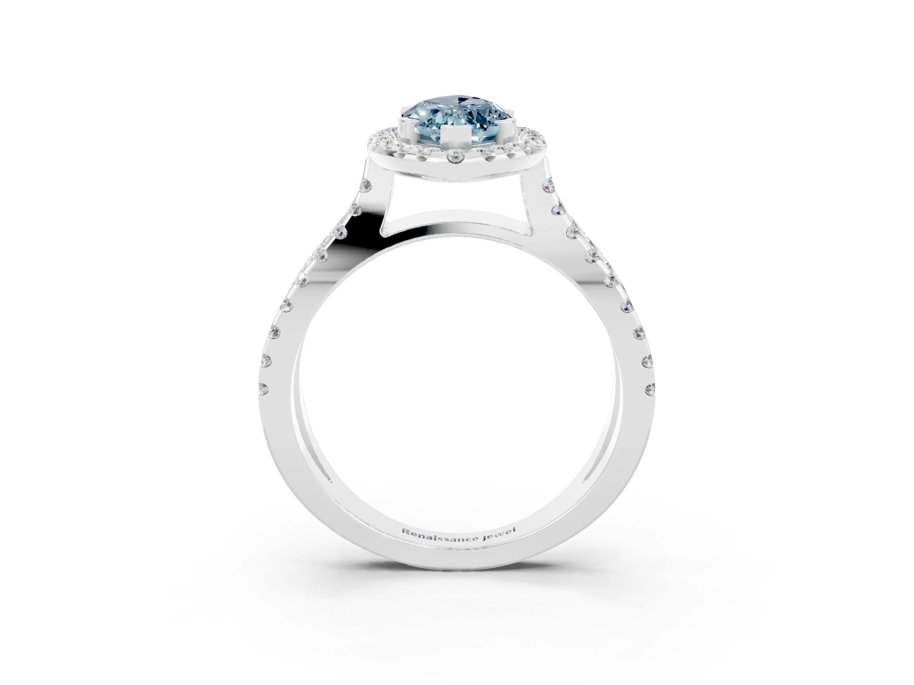 White gold Marquise Cut Aquamarine Halo Ring with Split Shank Pavé Band and Prong Setting_3