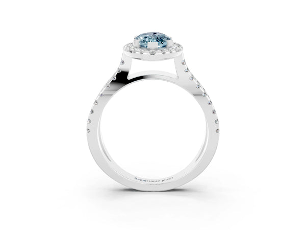 Silver Marquise Cut Aquamarine Halo Ring with Split Shank Pavé Band and Prong Setting