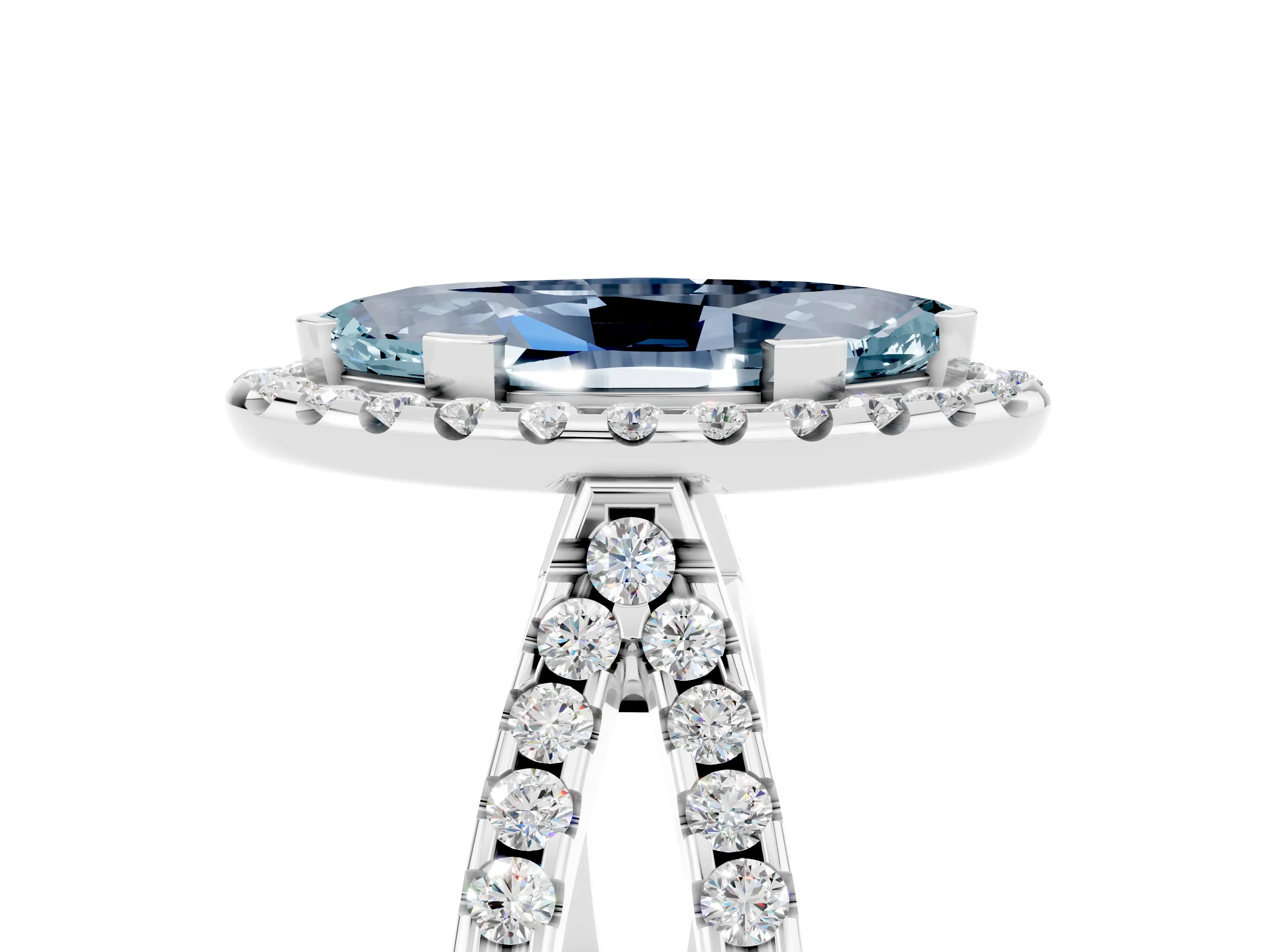 White gold Marquise Cut Aquamarine Halo Ring with Split Shank Pavé Band and Prong Setting_5