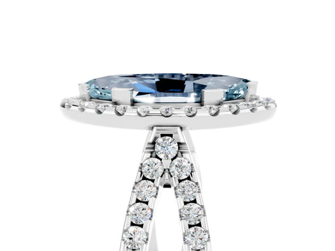 White gold Marquise Cut Aquamarine Halo Ring with Split Shank Pavé Band and Prong Setting_5