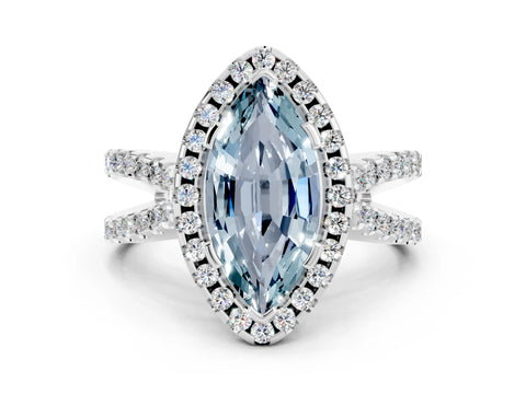 White gold Marquise Cut Aquamarine Halo Ring with Split Shank Pavé Band and Prong Setting