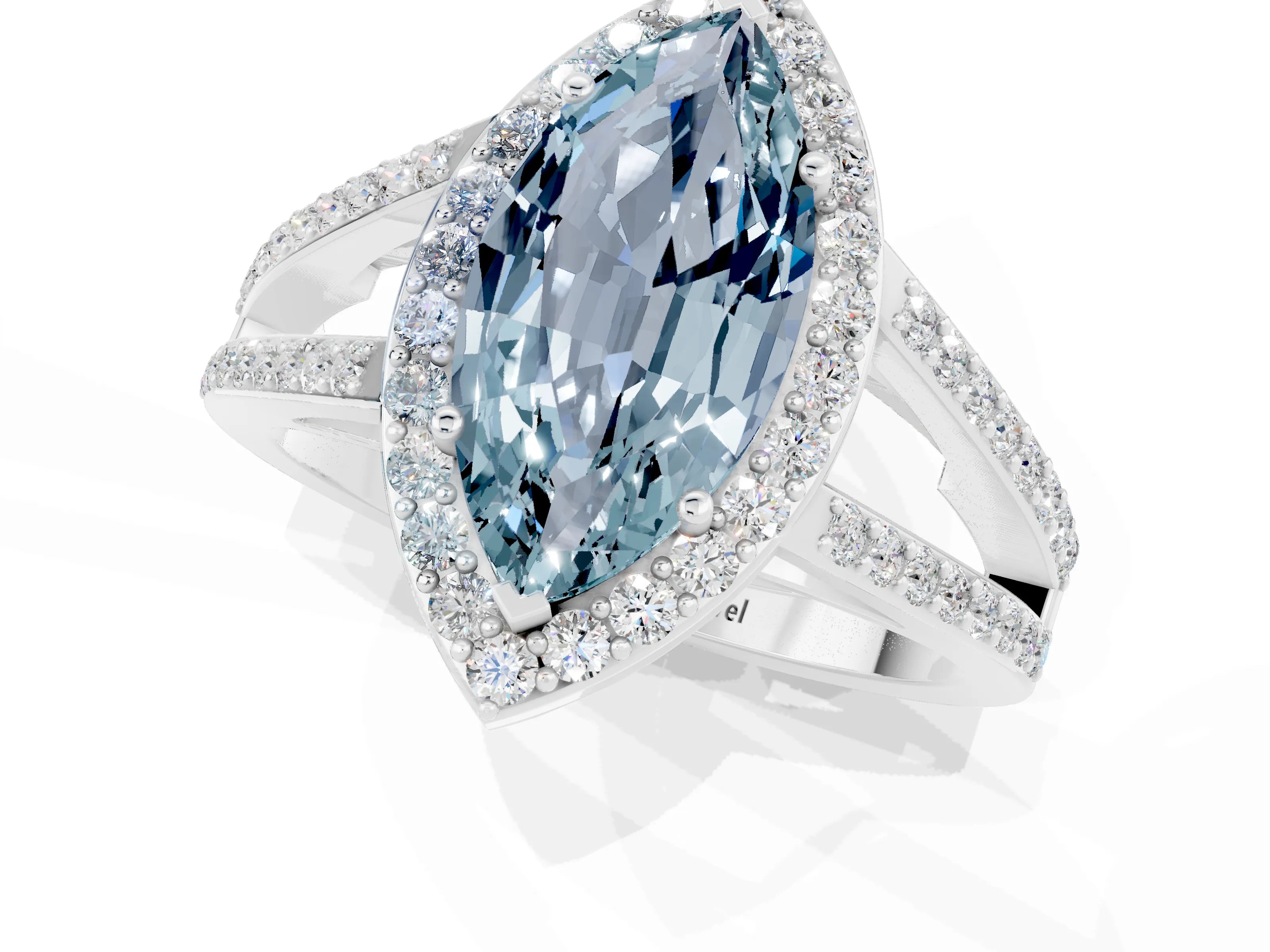 White gold Marquise Cut Aquamarine Halo Ring with Split Shank U-Prong Band and Four-Prong Setting_1