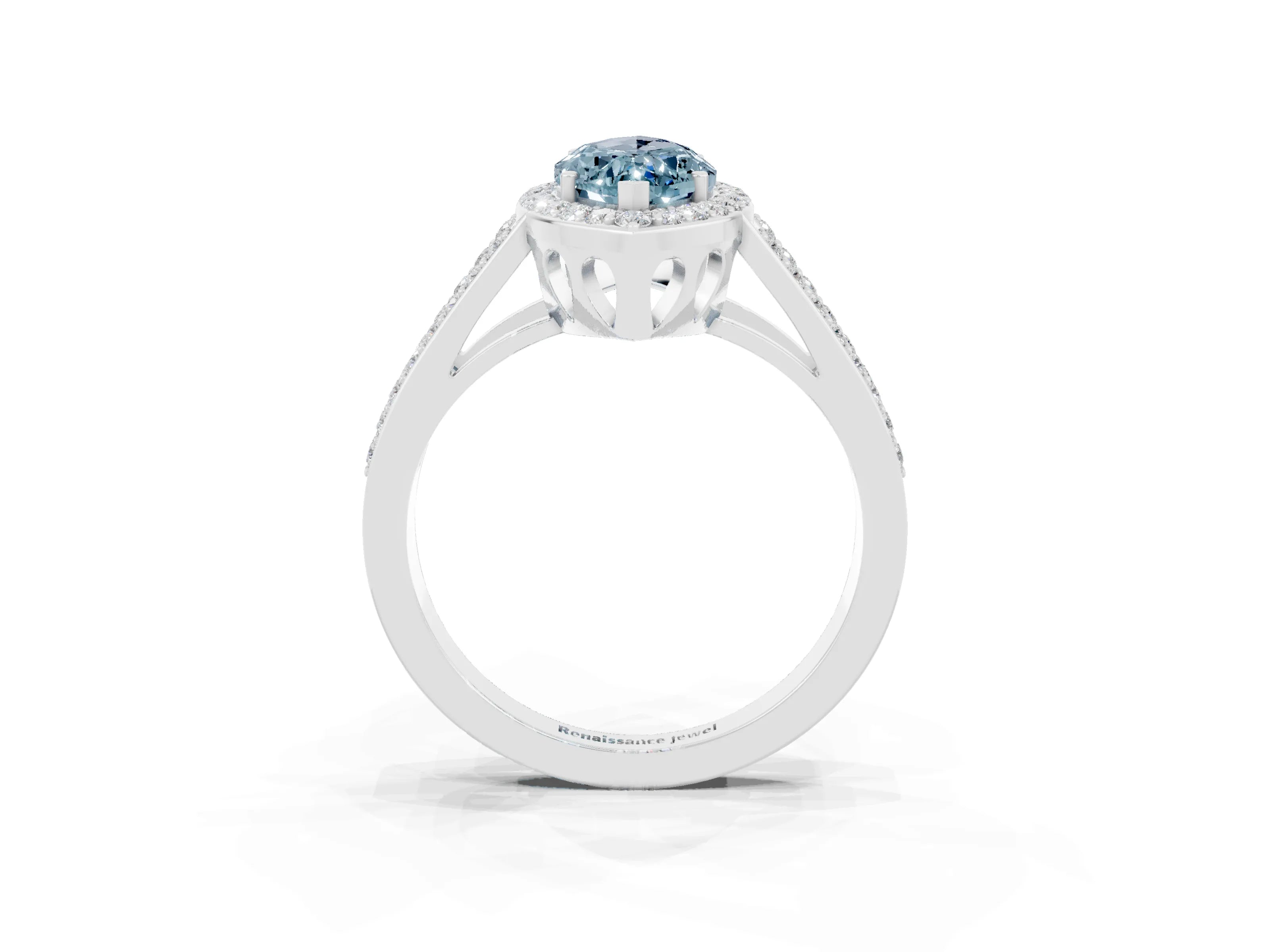 White gold Marquise Cut Aquamarine Halo Ring with Split Shank U-Prong Band and Four-Prong Setting_3