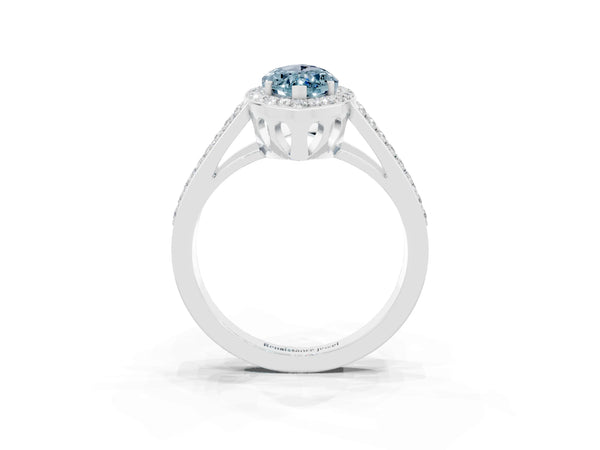 Silver Marquise Cut Aquamarine Halo Ring with Split Shank U-Prong Band and Four-Prong Setting