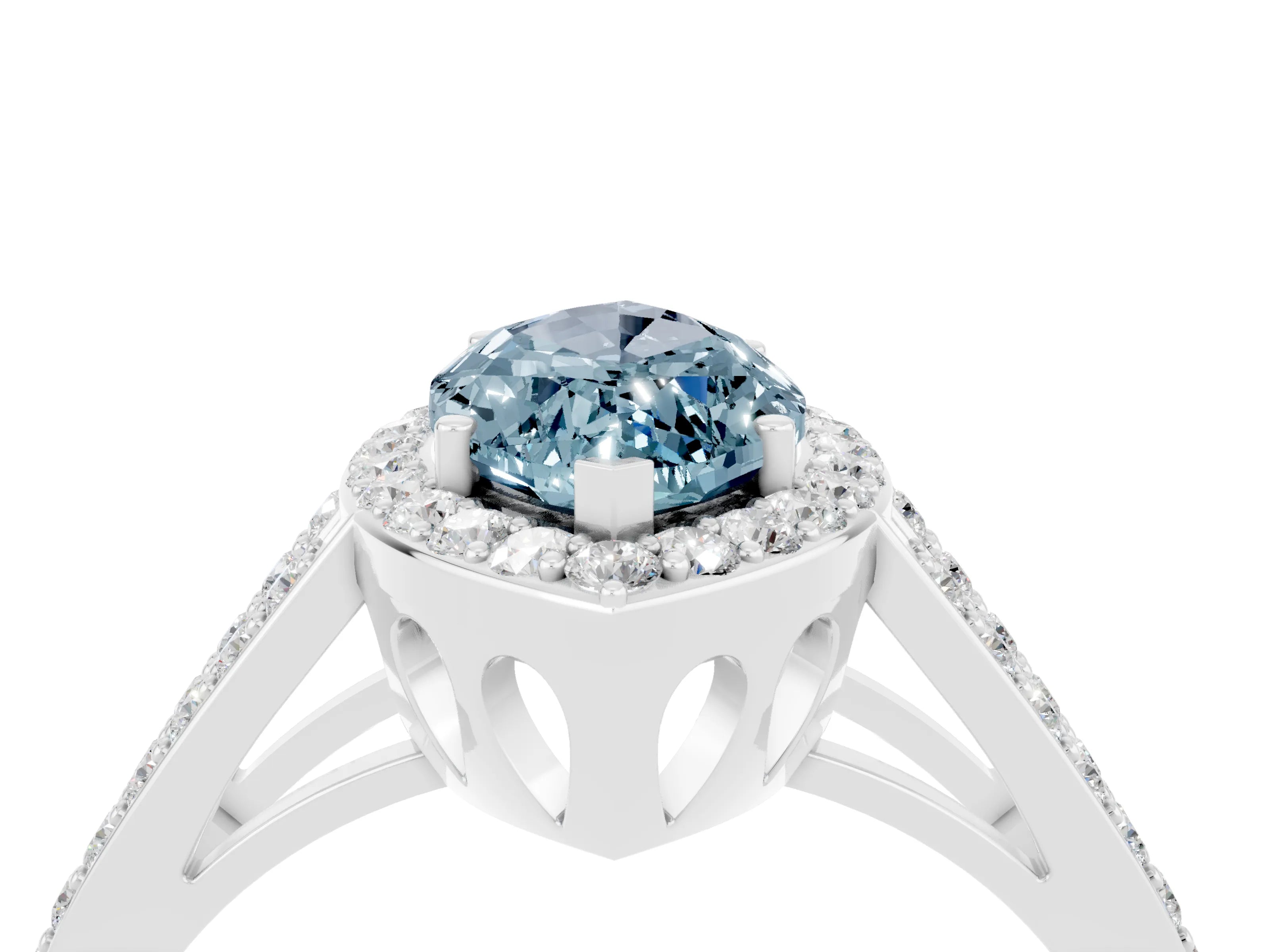 White gold Marquise Cut Aquamarine Halo Ring with Split Shank U-Prong Band and Four-Prong Setting_4