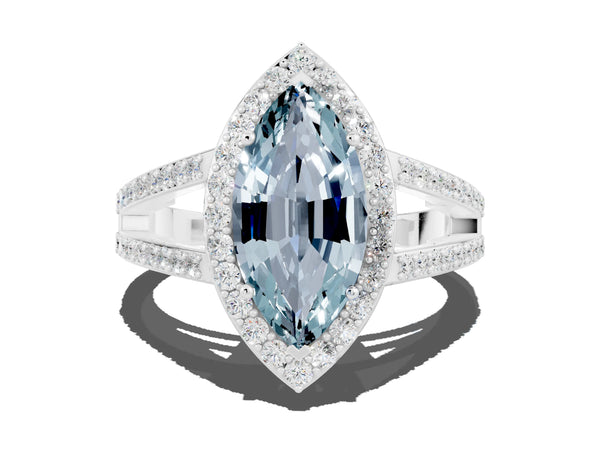 Silver Marquise Cut Aquamarine Halo Ring with Split Shank U-Prong Band and Four-Prong Setting