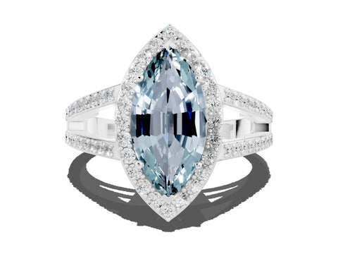 White gold Marquise Cut Aquamarine Halo Ring with Split Shank U-Prong Band and Four-Prong Setting