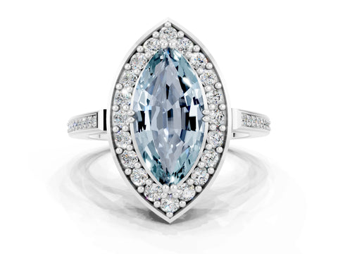 White gold Marquise Cut Aquamarine Halo Ring with Split Shank and Four-Prong Setting_12