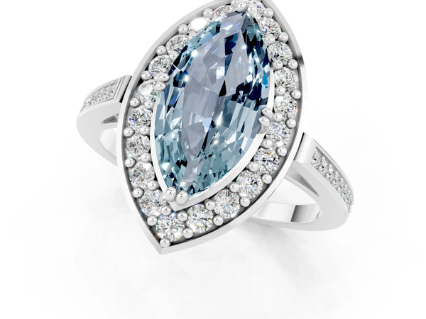 White gold Marquise Cut Aquamarine Halo Ring with Split Shank and Four-Prong Setting