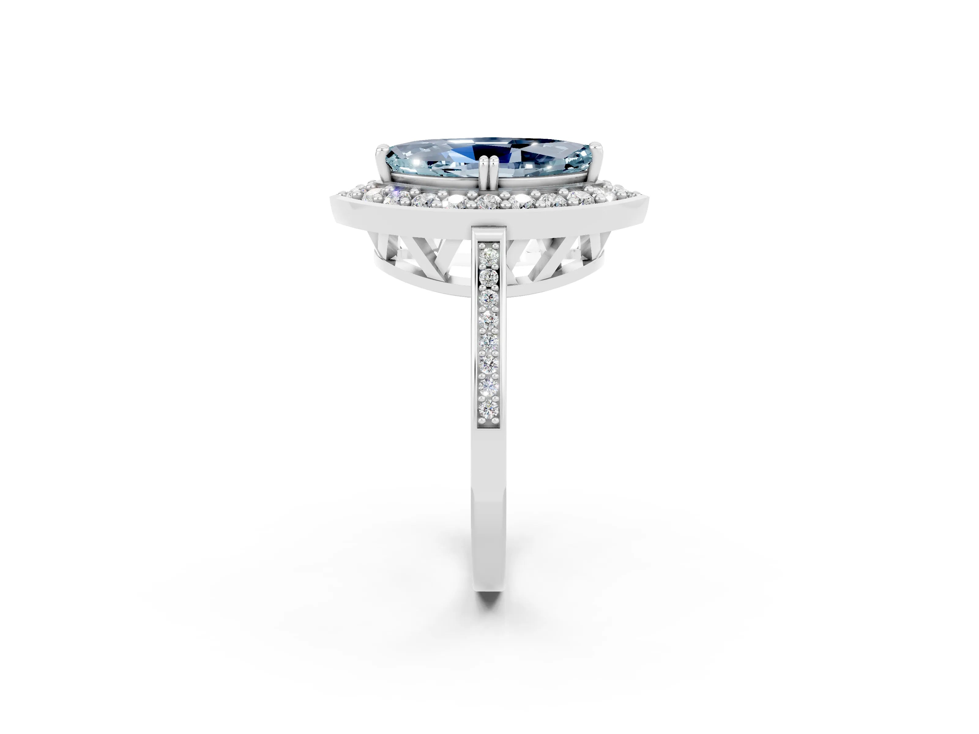 White gold Marquise Cut Aquamarine Halo Ring with Split Shank and Four-Prong Setting_2