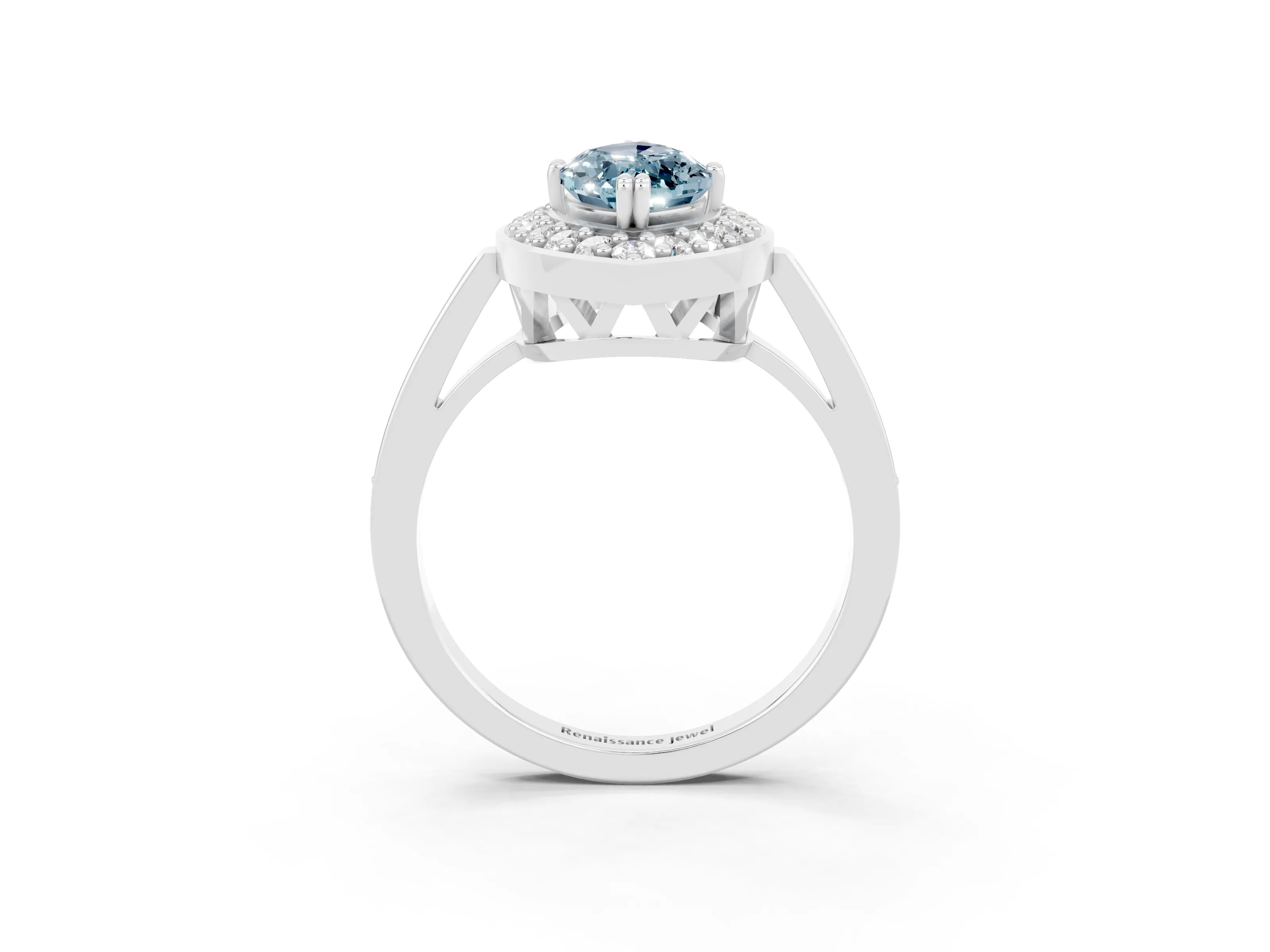 White gold Marquise Cut Aquamarine Halo Ring with Split Shank and Four-Prong Setting_3