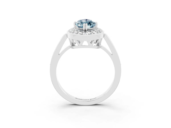Platinum Marquise Cut Aquamarine Halo Ring with Split Shank and Four-Prong Setting