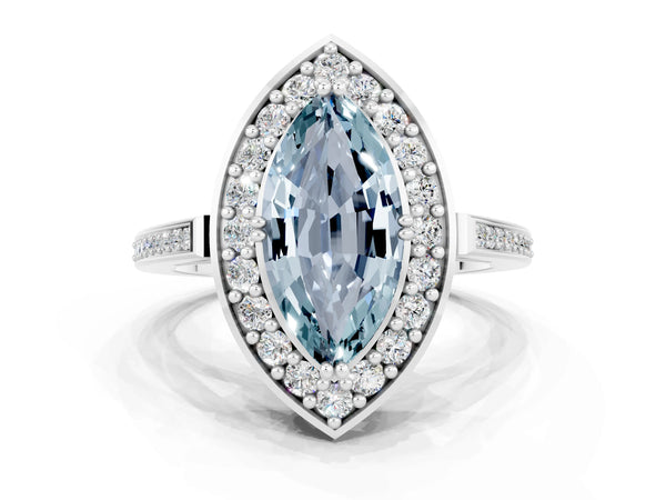 Silver Marquise Cut Aquamarine Halo Ring with Split Shank and Four-Prong Setting
