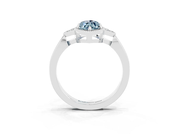 White gold Marquise Cut Aquamarine Halo Ring with Tapered Band and Four-Prong Setting