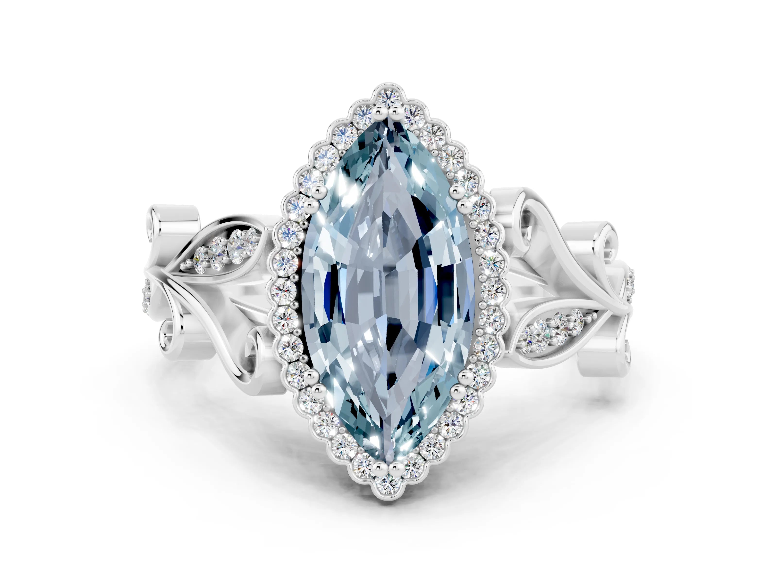 White gold Marquise Cut Aquamarine Halo Ring with Vintage Split Shank and Four-Prong Setting_24
