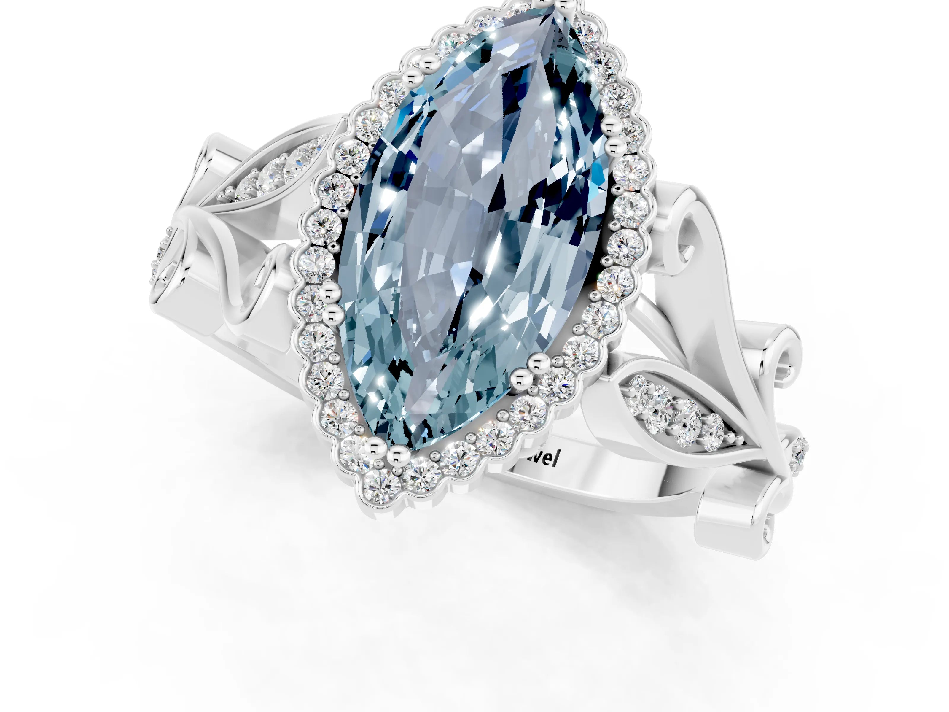 White gold Marquise Cut Aquamarine Halo Ring with Vintage Split Shank and Four-Prong Setting_25