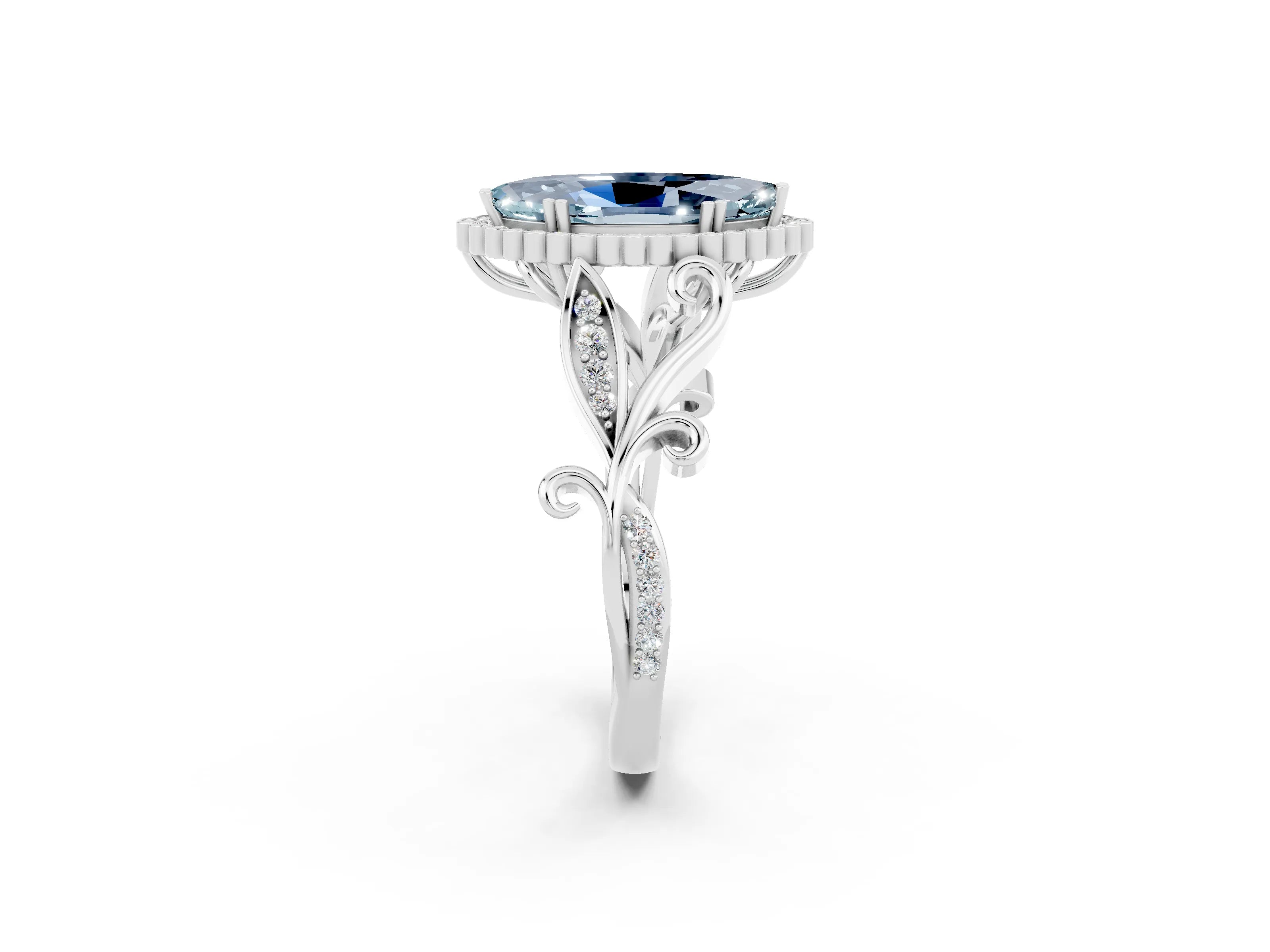 White gold Marquise Cut Aquamarine Halo Ring with Vintage Split Shank and Four-Prong Setting_26