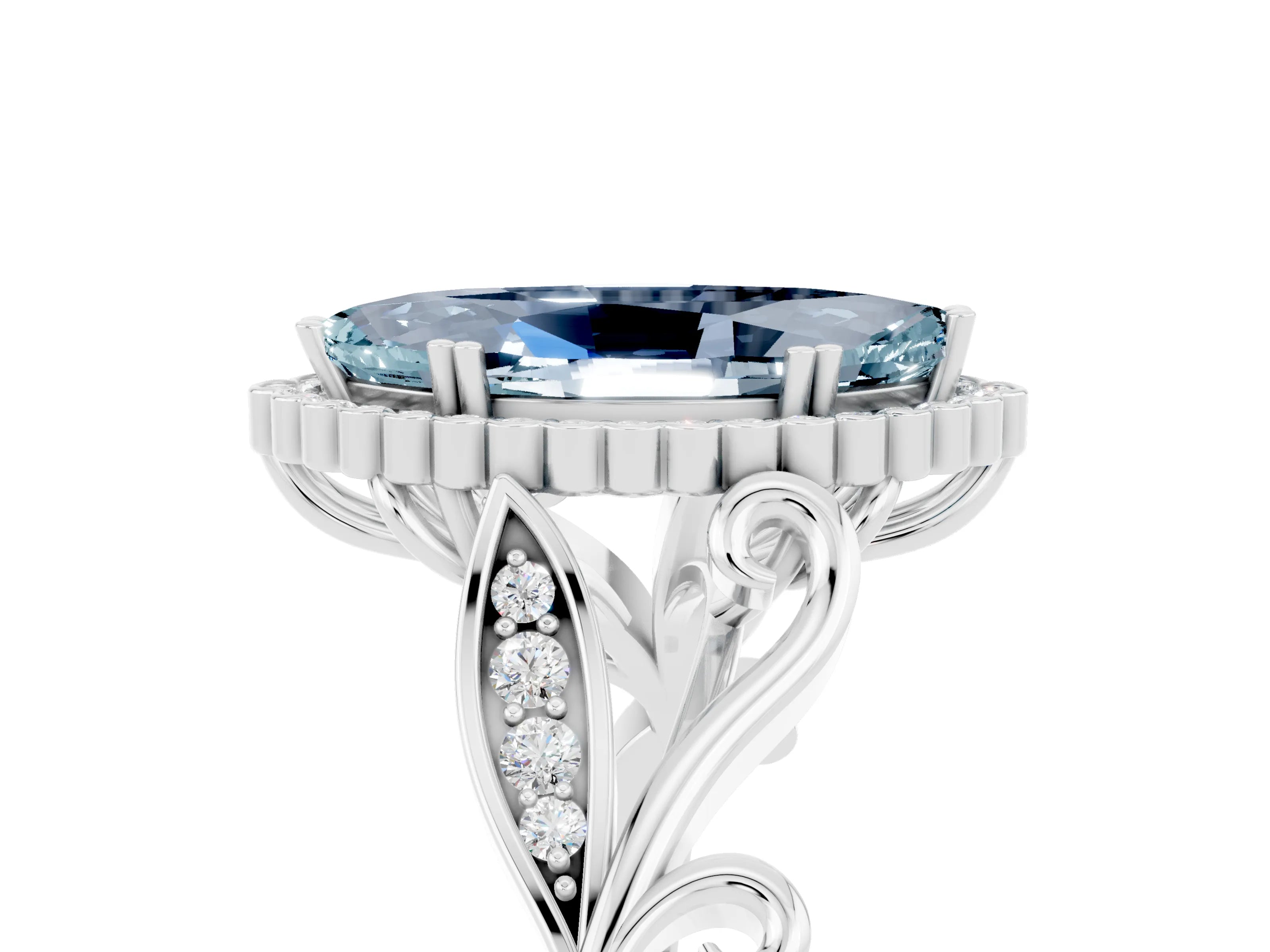White gold Marquise Cut Aquamarine Halo Ring with Vintage Split Shank and Four-Prong Setting_29