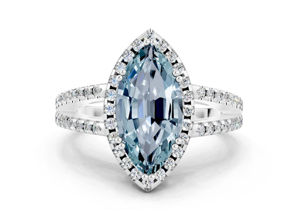White gold Marquise Cut Aquamarine Halo Split Shank Engagement Ring