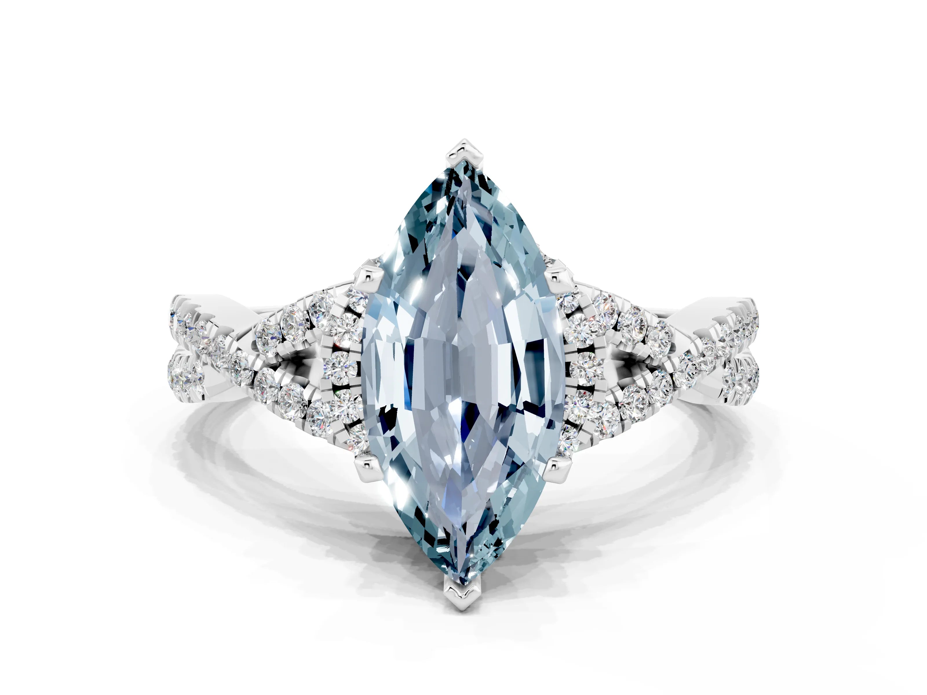 White gold Marquise Cut Aquamarine Halo Twist Band Solitaire Prong Setting Ring
