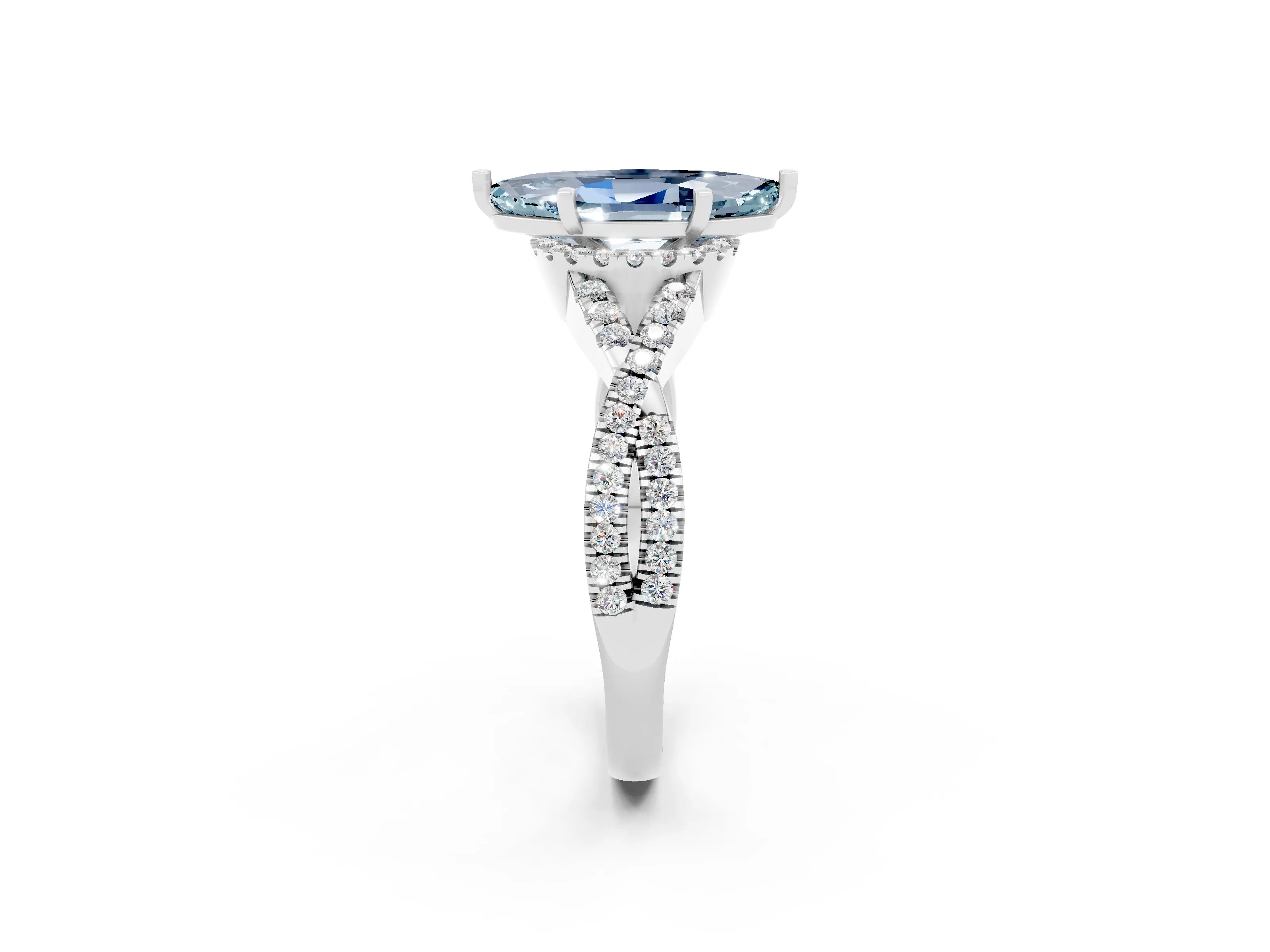 White gold Marquise Cut Aquamarine Halo Twist Band Solitaire Prong Setting Ring_2