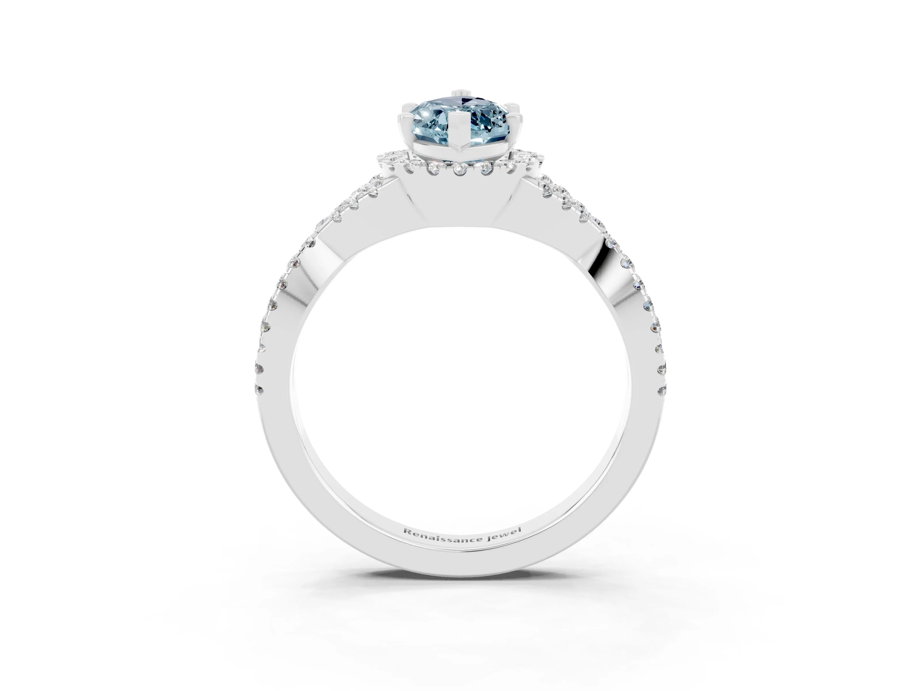 White gold Marquise Cut Aquamarine Halo Twist Band Solitaire Prong Setting Ring_3