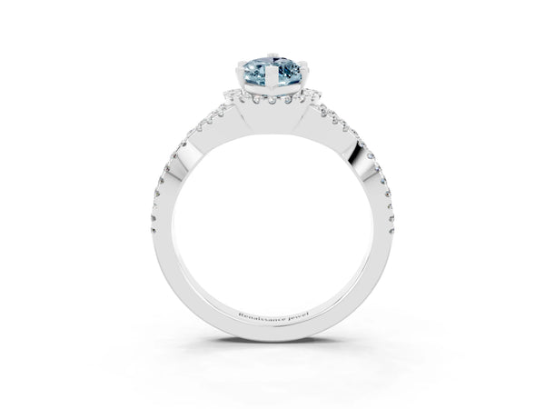 Silver Marquise Cut Aquamarine  Halo Twist Band Solitaire Prong Setting Ring
