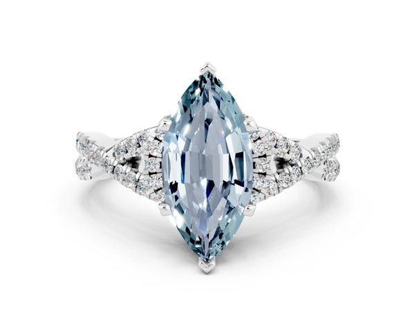 White gold Marquise Cut Aquamarine  Halo Twist Band Solitaire Prong Setting Ring
