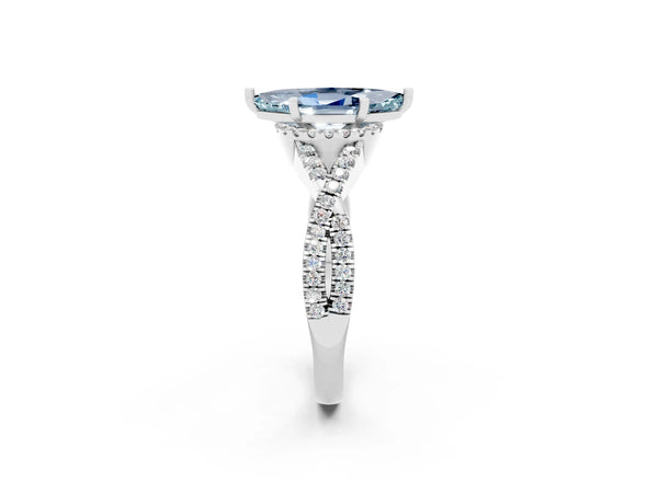 White gold Marquise Cut Aquamarine  Halo Twist Band Solitaire Prong Setting Ring