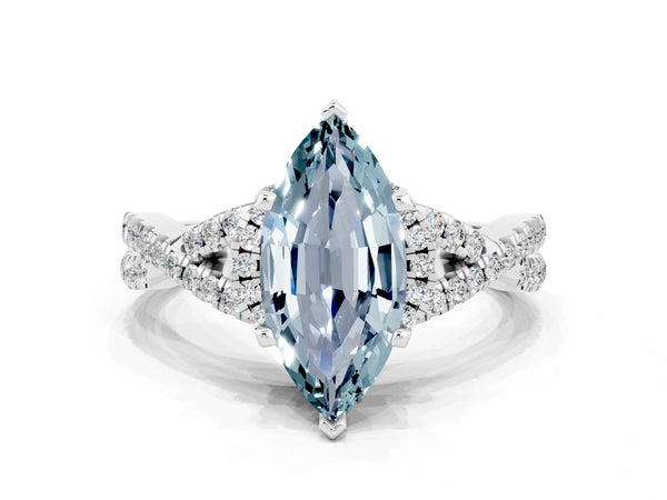 White gold Marquise Cut Aquamarine  Halo Twist Band Solitaire Prong Setting Ring