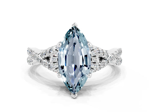 White gold Marquise Cut Aquamarine Halo Twist Band Solitaire Prong Setting Ring