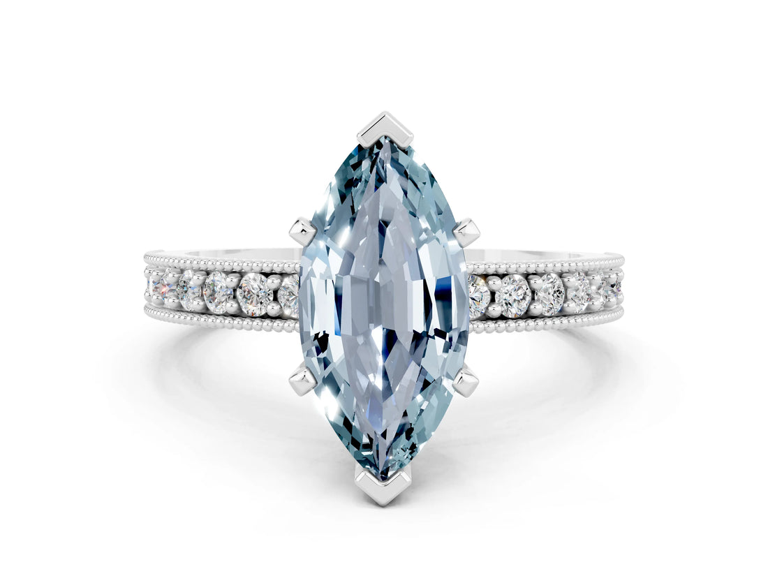 White gold Marquise Cut Aquamarine Milgrain Pavé Engagement Ring with Four-Prong Setting