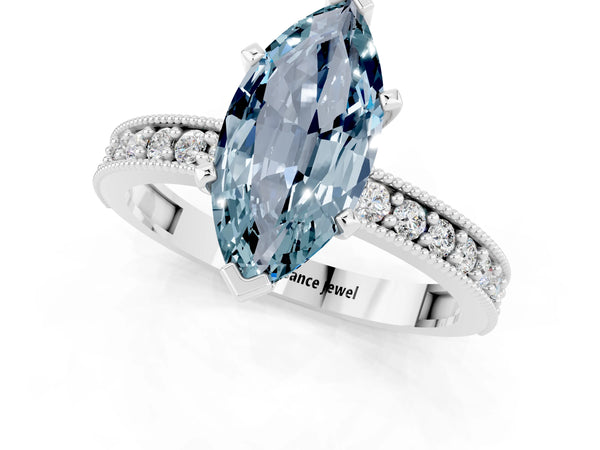 Silver Marquise Cut Aquamarine Milgrain Pavé Engagement Ring with Four-Prong Setting