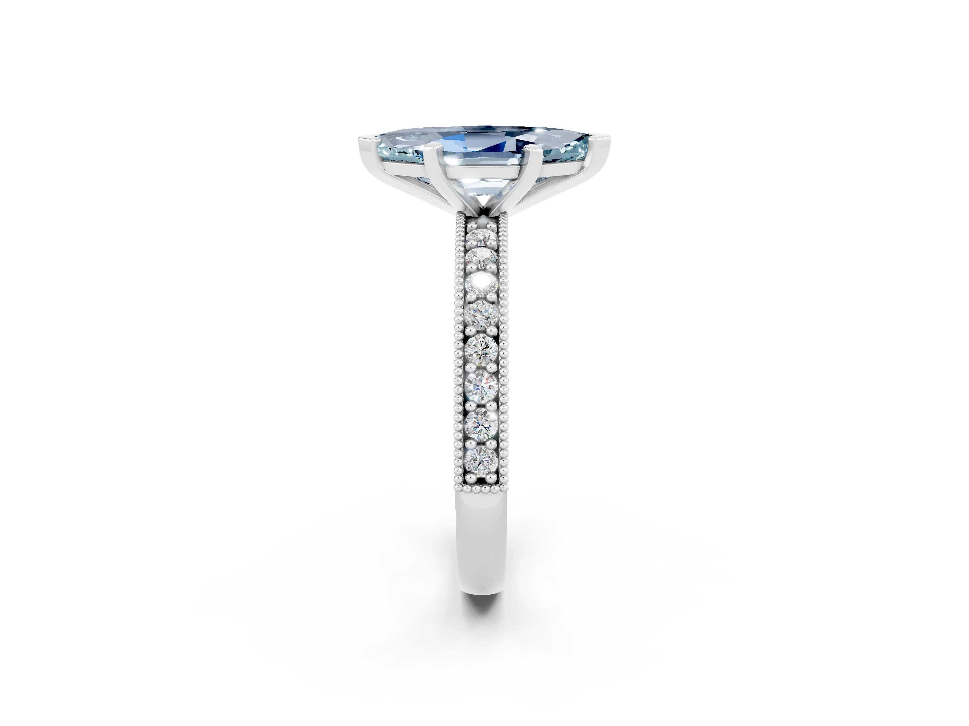 White gold Marquise Cut Aquamarine Milgrain Pavé Engagement Ring with Four-Prong Setting_2