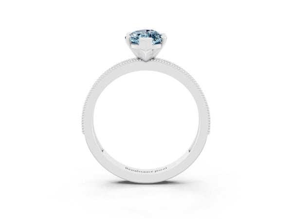 Silver Marquise Cut Aquamarine Milgrain Pavé Engagement Ring with Four-Prong Setting
