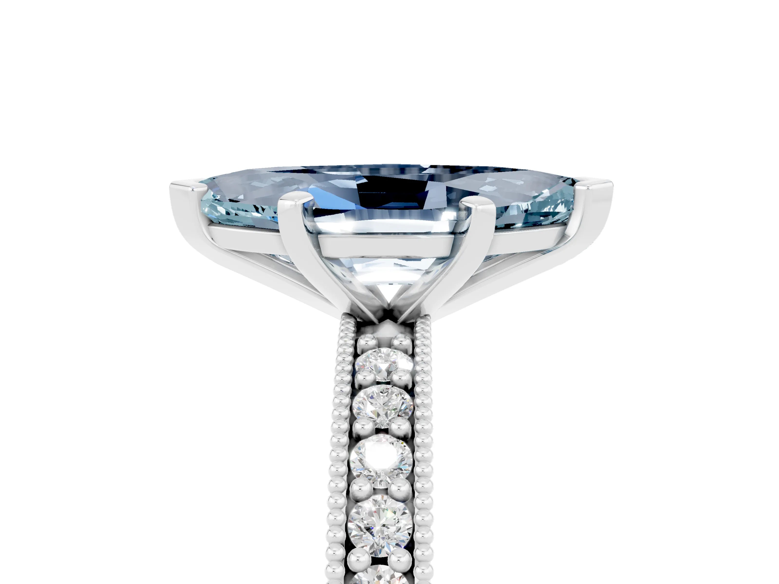 White gold Marquise Cut Aquamarine Milgrain Pavé Engagement Ring with Four-Prong Setting_5