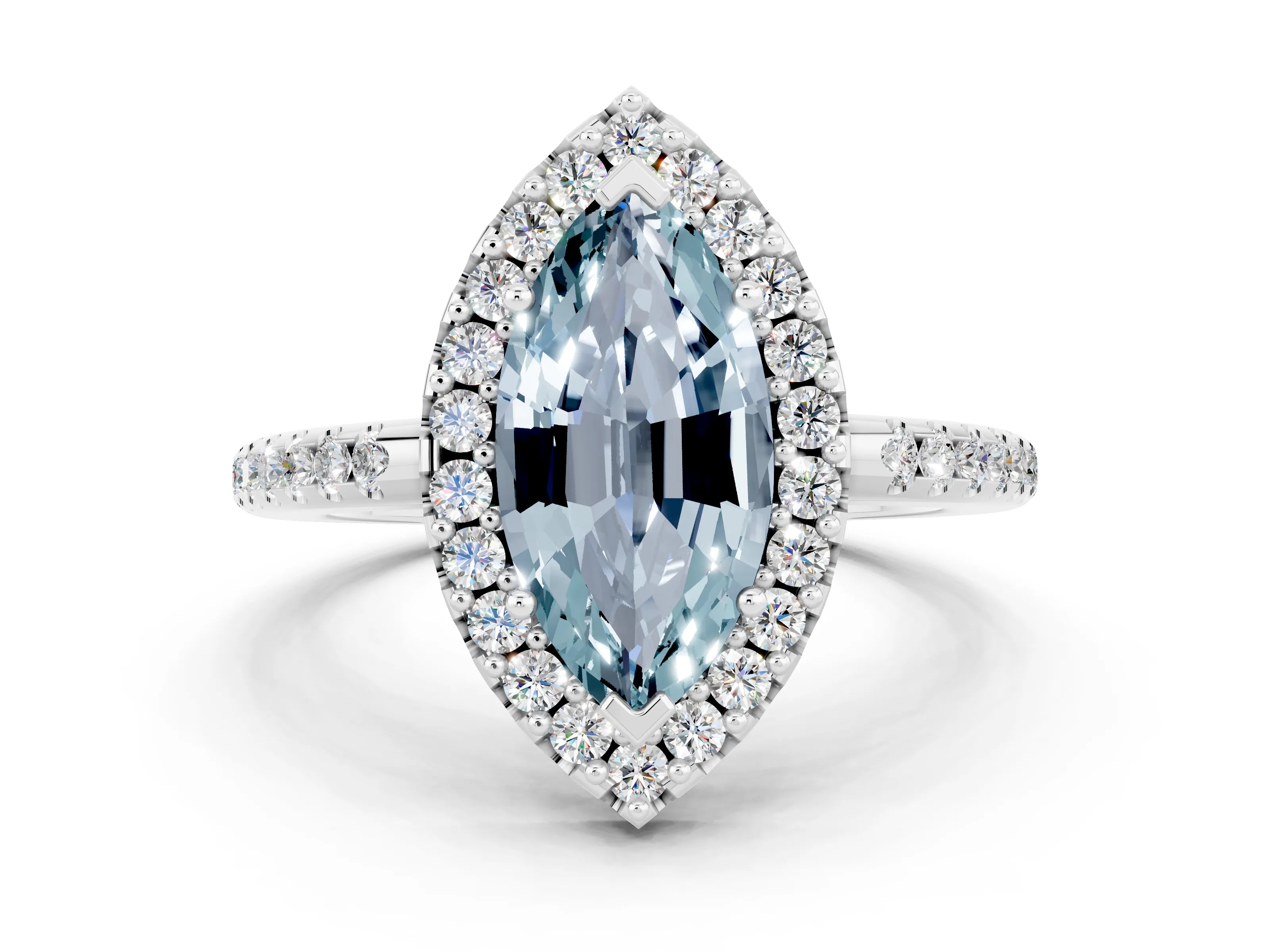 White gold Marquise Cut Aquamarine Pavé Halo Ring with Four-Prong Setting_12