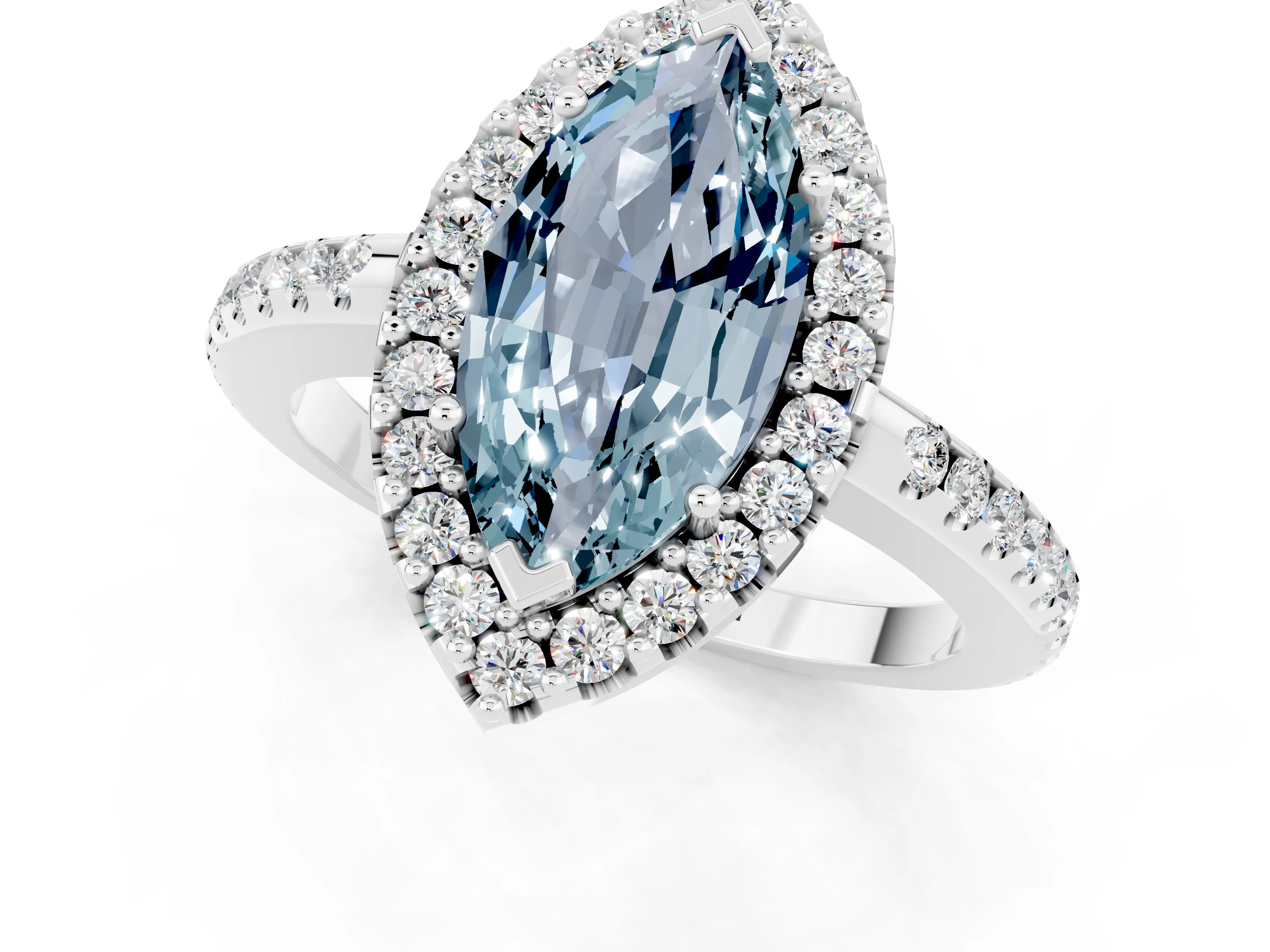 White gold Marquise Cut Aquamarine Pavé Halo Ring with Four-Prong Setting_13
