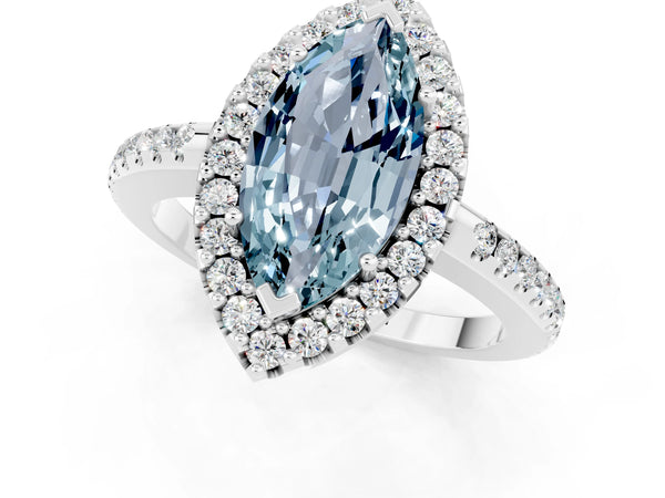 Silver Marquise Cut Aquamarine Pavé Halo Ring with Four-Prong Setting