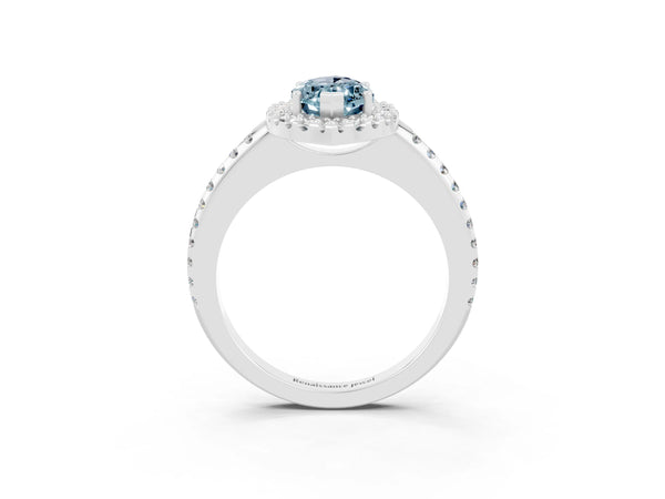 Platinum Marquise Cut Aquamarine Pavé Halo Ring with Four-Prong Setting