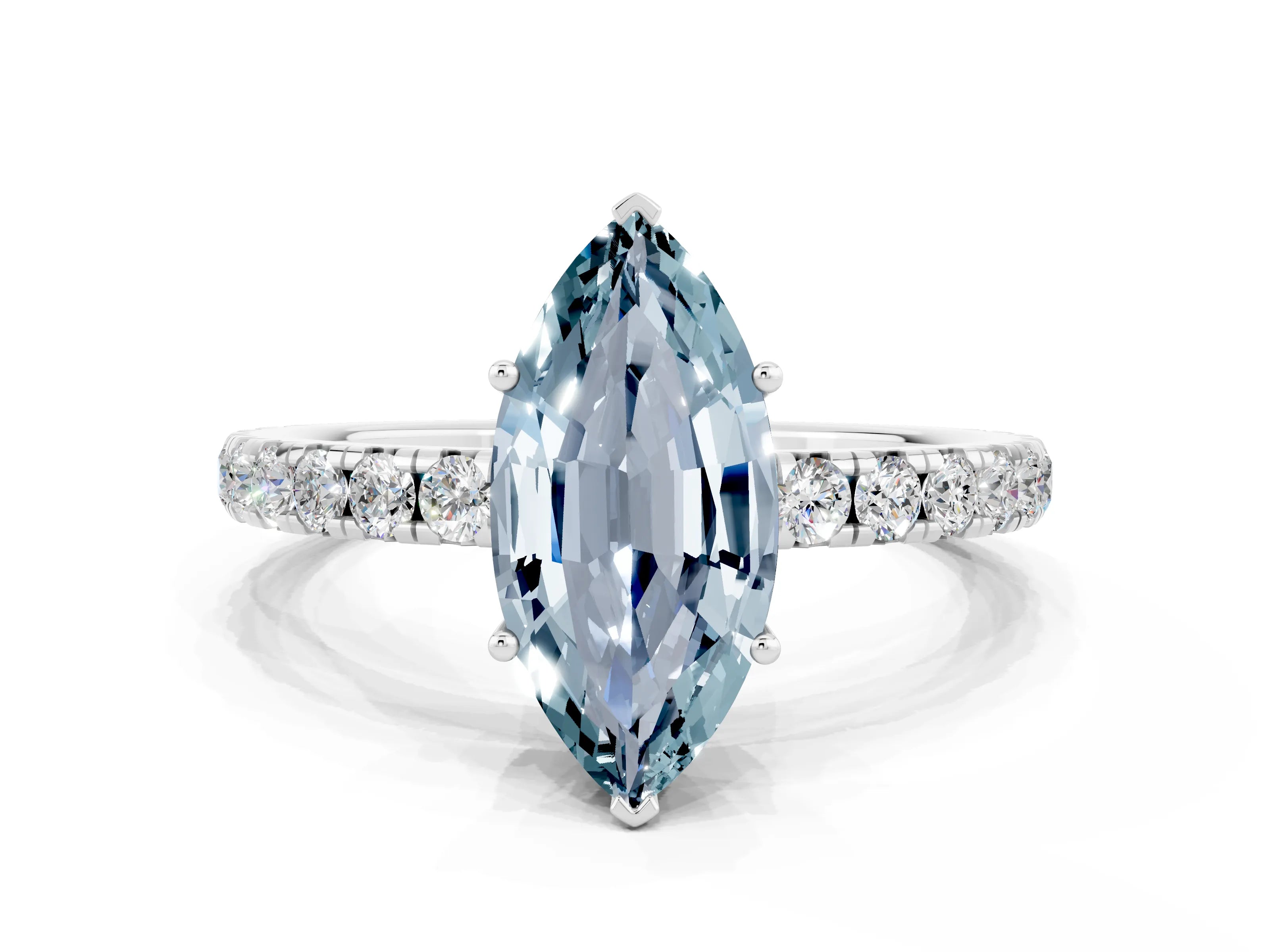 White gold Marquise Cut Aquamarine Pavé Solitaire Engagement Ring with Four-Prong Setting_12
