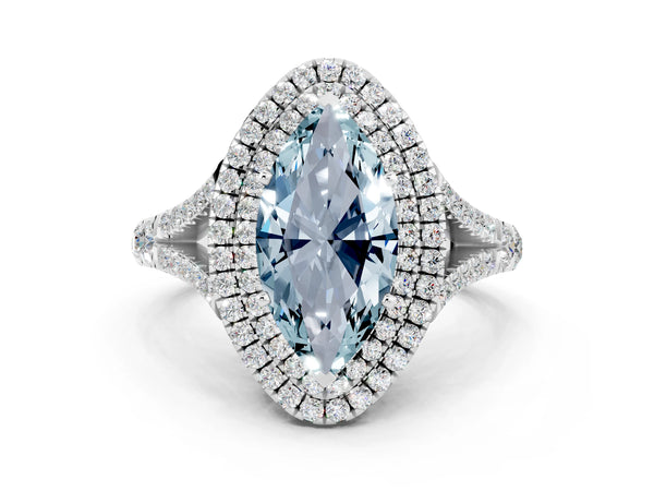 Platinum Marquise Cut Aquamarine Pavé Split Shank Double Halo Engagement Ring