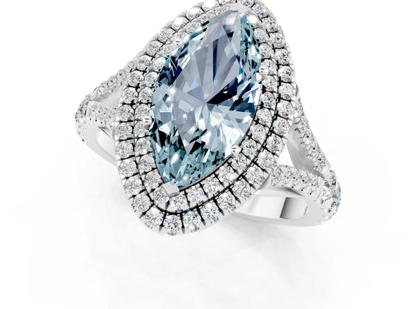 Platinum Marquise Cut Aquamarine Pavé Split Shank Double Halo Engagement Ring
