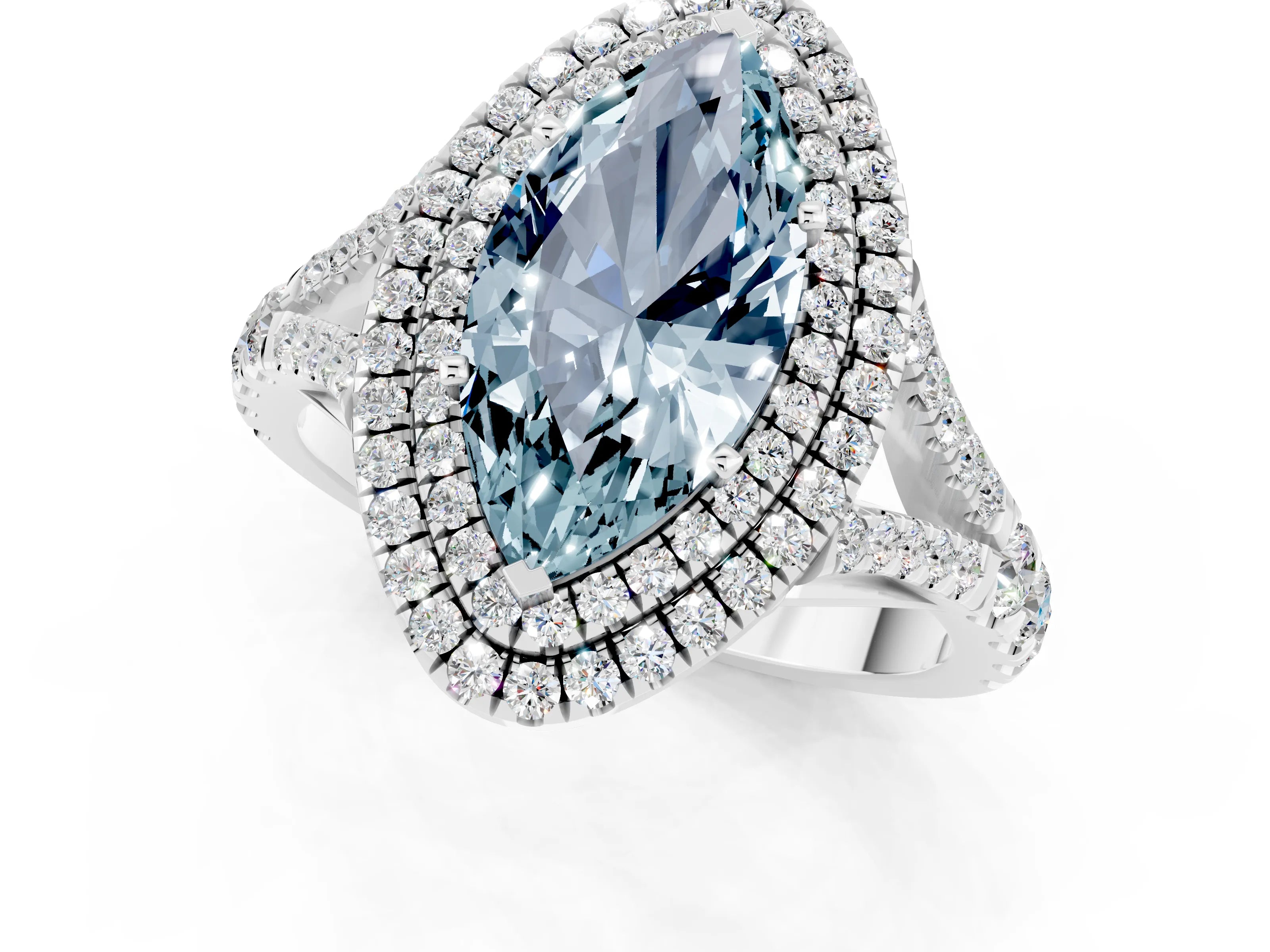 White gold Marquise Cut Aquamarine Pavé Split Shank Double Halo Engagement Ring_1