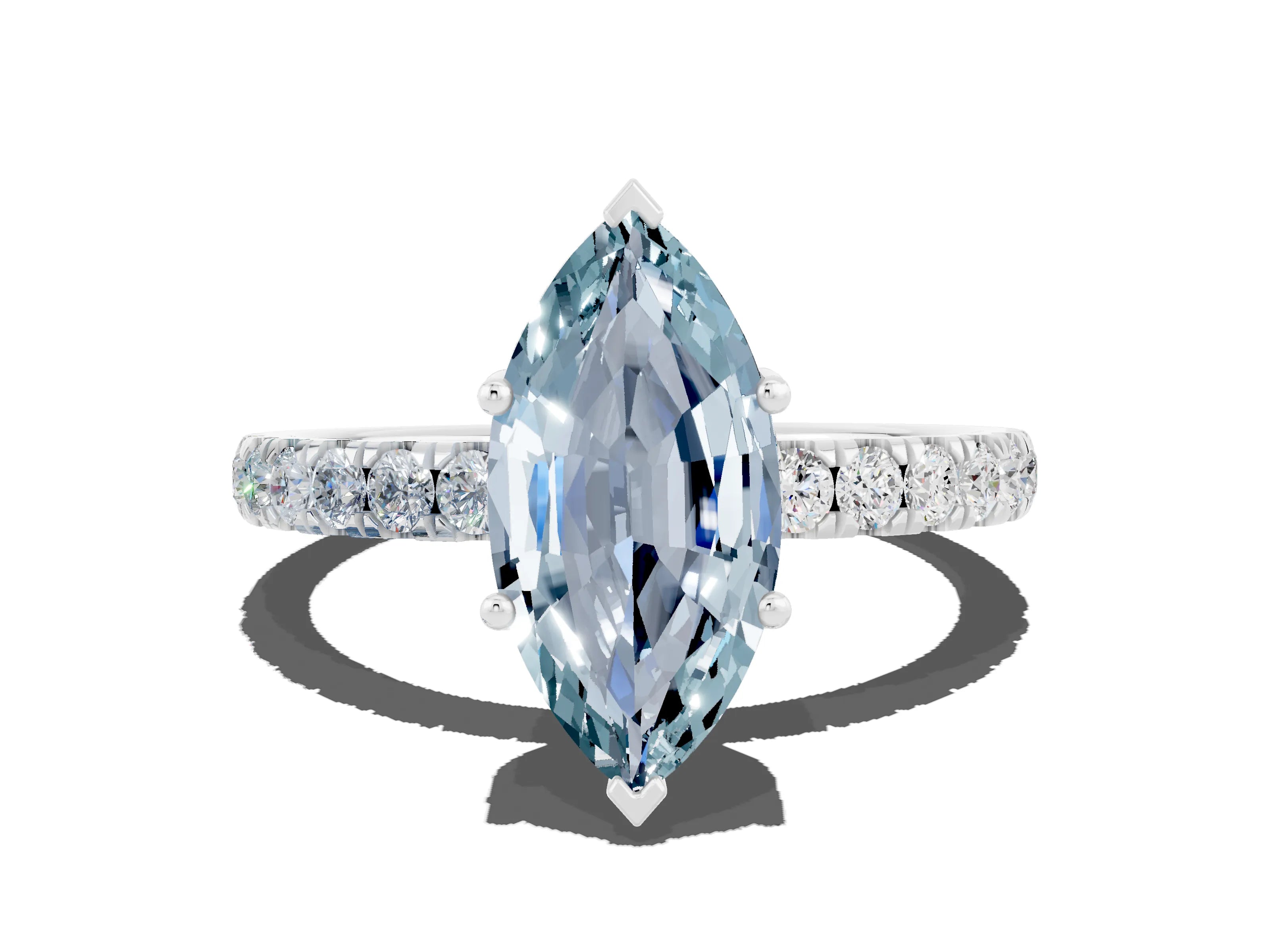 White gold Marquise Cut Aquamarine Pave Band Solitaire Ring with Four-Prong Setting_24