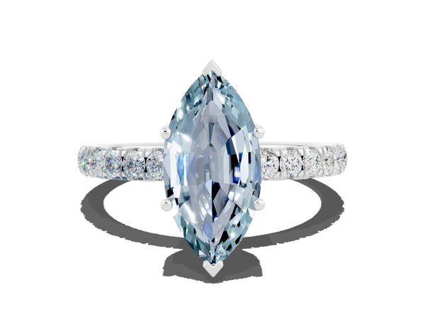 Platinum Marquise Cut Aquamarine Pave Band Solitaire Ring with Round  and Prong Setting